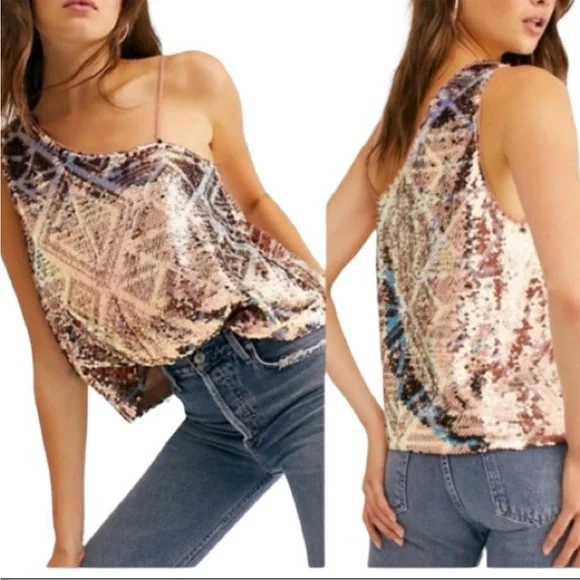 Free People Disco Fever One Shoulder Sequins Top size M - Picture 6 of 6